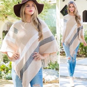 LAST ONE: Women’s taupe grey ivory soft knit poncho throw over top sweater